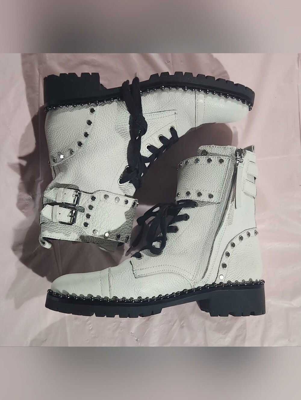 White Pebbled Leather Sam Edelman Jennifer Combat Boots Size 8